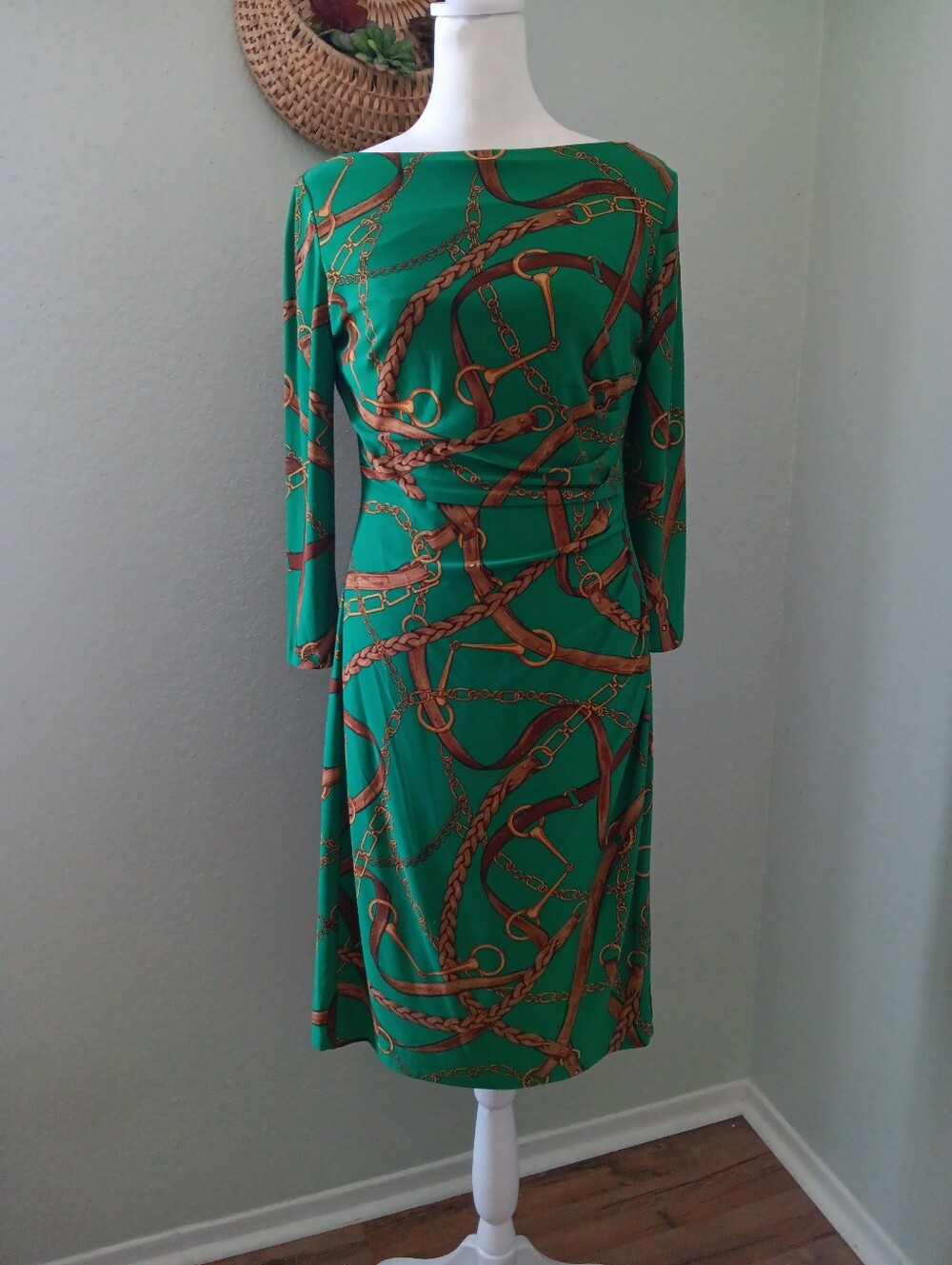 Lauren Ralph Lauren Green Chain-Print Long Sleeve Midi Dress